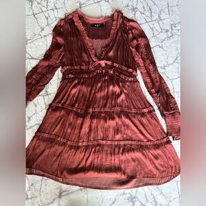 OPT ONE PRETTY TIME Tianna Dress XL Rust Pleated Ruffle Tiered Silky, Party,